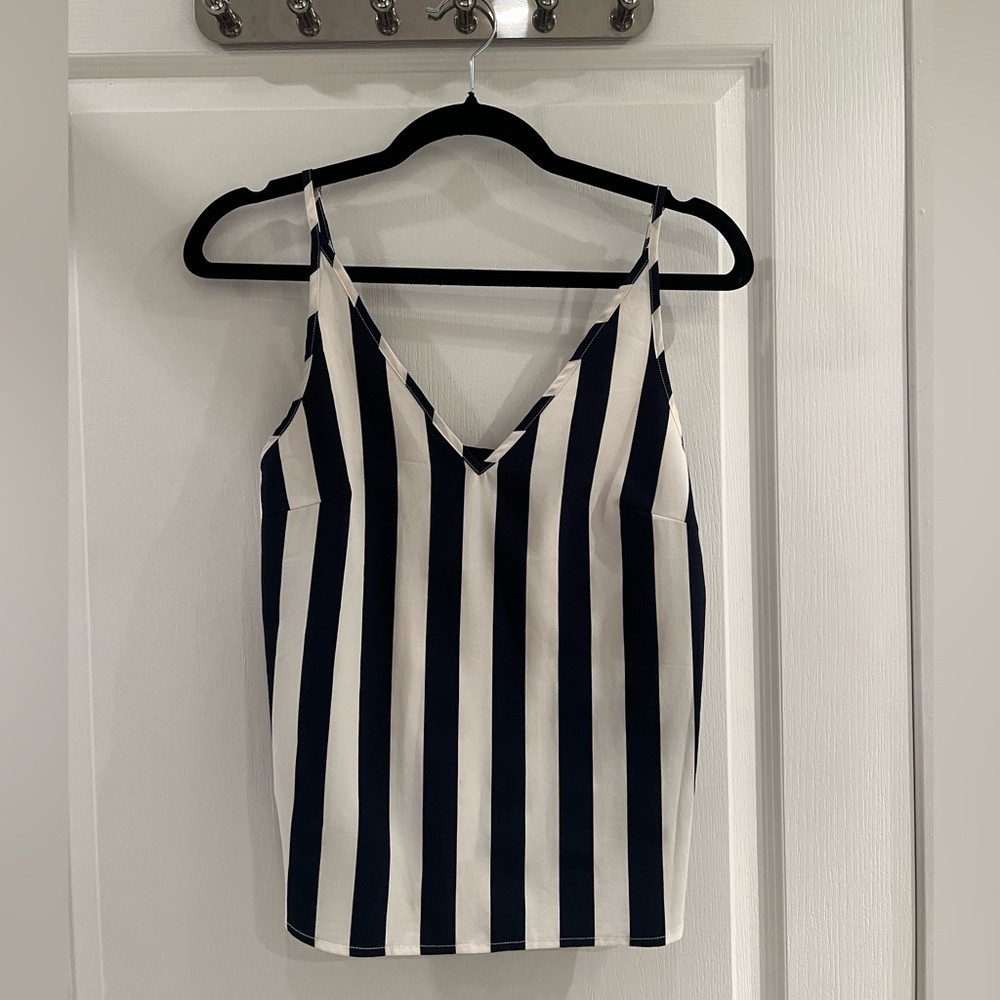 White and Navy Vertical Stripe Tank